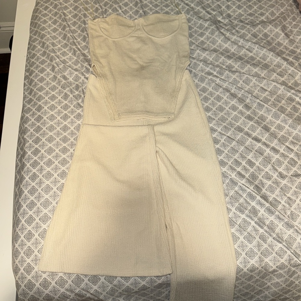 Cream, Ribbed, Two Piece Set - Picture 2 of 3